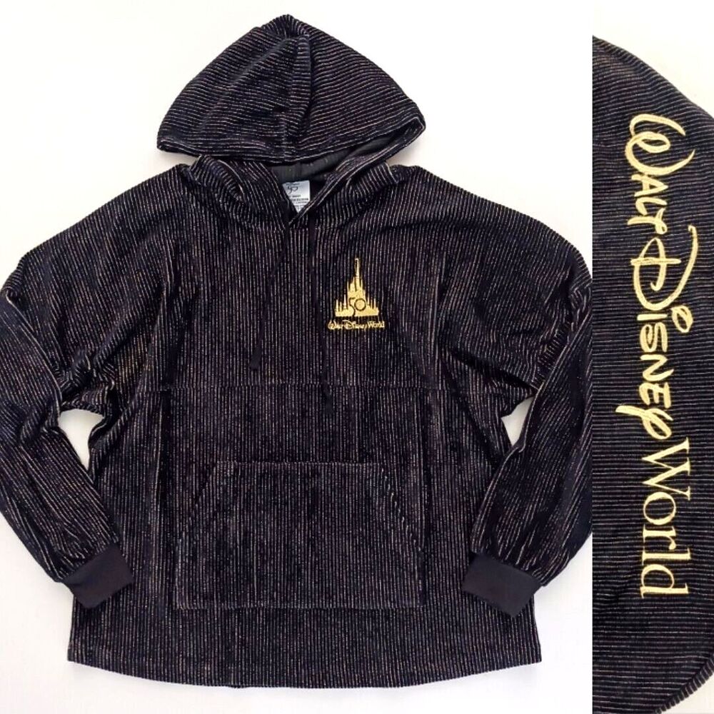 NEW Walt Disney World Spirit Velour Hoodie 50th Anniversary Blk/Gold Threads XXL